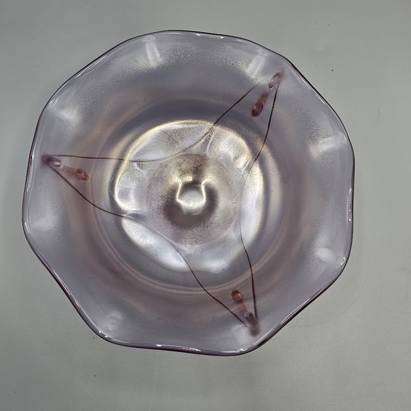 Fenton Pink Iridescent Stretch Hexagonal Bowl Dolphin Koi Fish Handles Signed - Picture 9 of 9